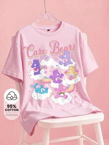 SHEIN X Care Bears Women's Cartoon Bear Print Round Neck Short Sleeve Fashion T-Shirt - Pink - View 1