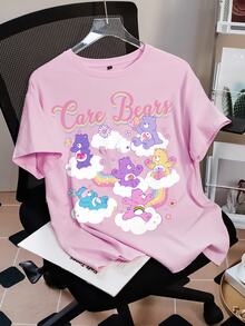 SHEIN X Care Bears Women's Cartoon Bear Print Round Neck Short Sleeve Fashion T-Shirt - Pink - View 7