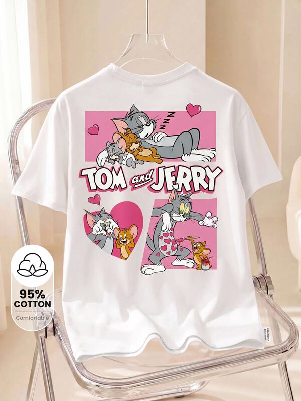 TOM & JERRY X SHEIN 女款字母卡通印花圓領短袖休閒T恤
