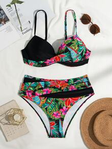 Swim Lushoire Elegant Tropical Multicolor Bikini Set With Spaghetti Strap Top And High Waist Bottom - Multicolor - View 5