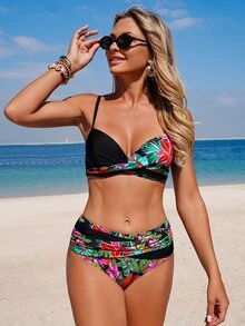 Swim Lushoire Elegant Tropical Multicolor Bikini Set With Spaghetti Strap Top And High Waist Bottom - Multicolor - View 3