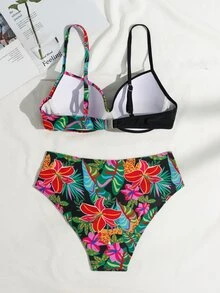 Swim Lushoire Elegant Tropical Multicolor Bikini Set With Spaghetti Strap Top And High Waist Bottom - Multicolor - View 6