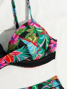 Swim Lushoire Elegant Tropical Multicolor Bikini Set With Spaghetti Strap Top And High Waist Bottom - Multicolor - View 4