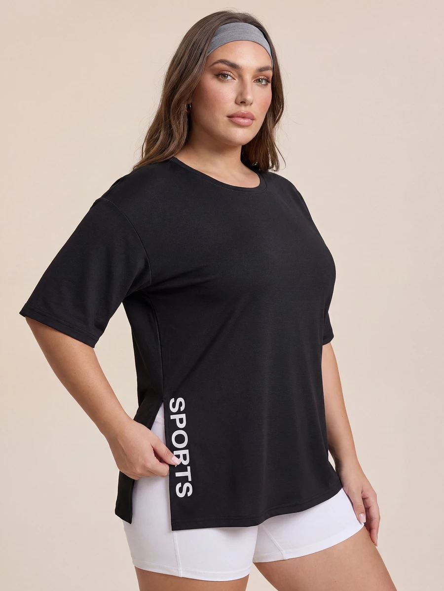 SHEIN Rhythm Era Plus Letter Graphic Split Hem Sports Tee - Black - View 1