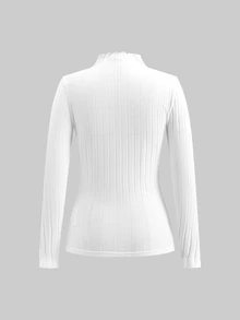 SHEIN Frenchy 92%纯棉女士罗纹圆领长袖休闲T恤，适合秋冬季节穿着，条纹基础修身款式，搭配白色保暖高领。修身百搭，适合日常穿着、通勤、居家和叠穿。约会时穿着也很时尚。 - 白色 - 查看 8