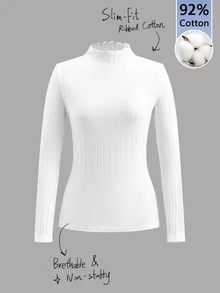 SHEIN Frenchy 92%纯棉女士罗纹圆领长袖休闲T恤，适合秋冬季节穿着，条纹基础修身款式，搭配白色保暖高领。修身百搭，适合日常穿着、通勤、居家和叠穿。约会时穿着也很时尚。 - 白色 - 查看 9