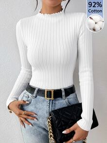 SHEIN Frenchy 92%纯棉女士罗纹圆领长袖休闲T恤，适合秋冬季节穿着，条纹基础修身款式，搭配白色保暖高领。修身百搭，适合日常穿着、通勤、居家和叠穿。约会时穿着也很时尚。 - 白色 - 查看 2
