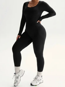 SHEIN Rhythm Era Women's Plus Size Solid Color Backless Sports Jumpsuit Autumn Gym Sports Black - Black - View 2