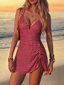 Swim Vcay Women's Summer Beach Outfit, Floral Print Drawstring Criss-Cross Strap V-Neck Ruched Skort, Sexy Vacation Swim Skirt - Red - View 3