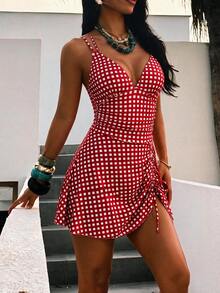 Swim Vcay Women's Summer Beach Outfit, Floral Print Drawstring Criss-Cross Strap V-Neck Ruched Skort, Sexy Vacation Swim Skirt - Red - View 4