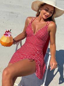 Swim Vcay Women's Summer Beach Outfit, Floral Print Drawstring Criss-Cross Strap V-Neck Ruched Skort, Sexy Vacation Swim Skirt - Red - View 7