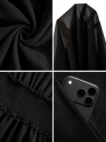 SHEIN 女款純黑色雪紡長洋裝，休閒蝙蝠袖縮腰飄逸口袋長裙，適合優雅度假與日常穿著 - 黑色 - 查看 7