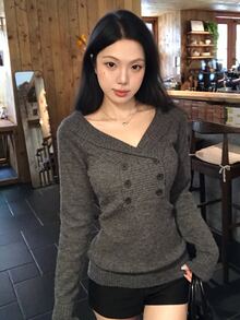 DAZY Women's Off-Shoulder Long Sleeve Sweater, Korean Style, Elegant, Autumn/Winter - Grey - View 4
