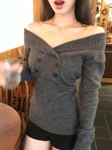 DAZY Women's Off-Shoulder Long Sleeve Sweater, Korean Style, Elegant, Autumn/Winter - Grey - View 9