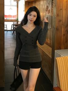 DAZY Women's Off-Shoulder Long Sleeve Sweater, Korean Style, Elegant, Autumn/Winter - Grey - View 1