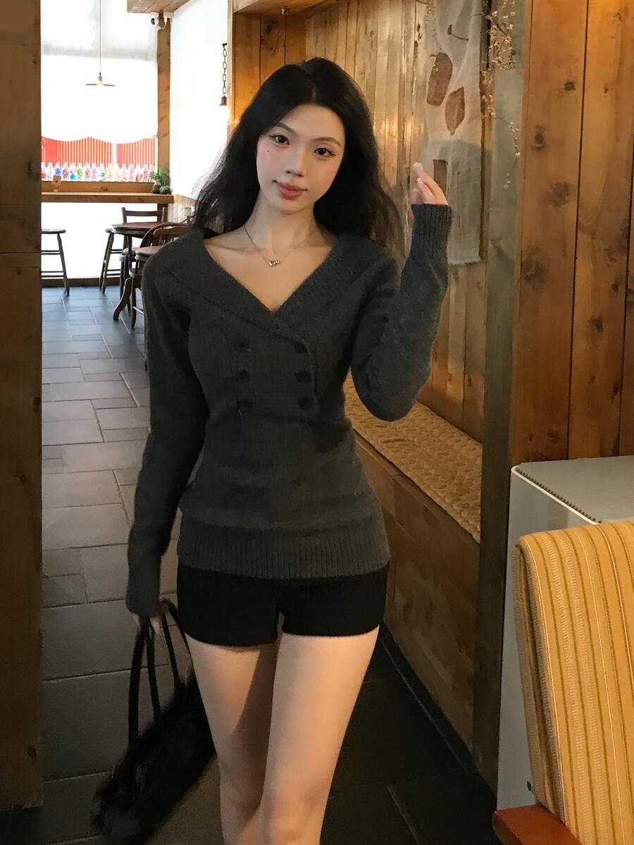 DAZY Women's Off-Shoulder Long Sleeve Sweater, Korean Style, Elegant, Autumn/Winter - Grey - View 1