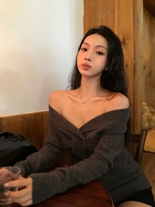 DAZY Women's Off-Shoulder Long Sleeve Sweater, Korean Style, Elegant, Autumn/Winter - Grey - View 7