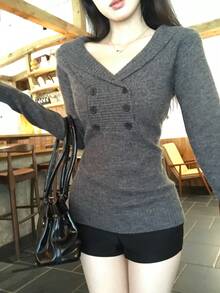DAZY Women's Off-Shoulder Long Sleeve Sweater, Korean Style, Elegant, Autumn/Winter - Grey - View 5