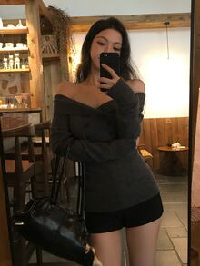 DAZY Women's Off-Shoulder Long Sleeve Sweater, Korean Style, Elegant, Autumn/Winter - Grey - View 8