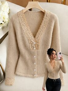 Franclia Atasan Rajut Lengan Panjang Kancing Motif Renda Prancis untuk Wanita - Coklat - View 1