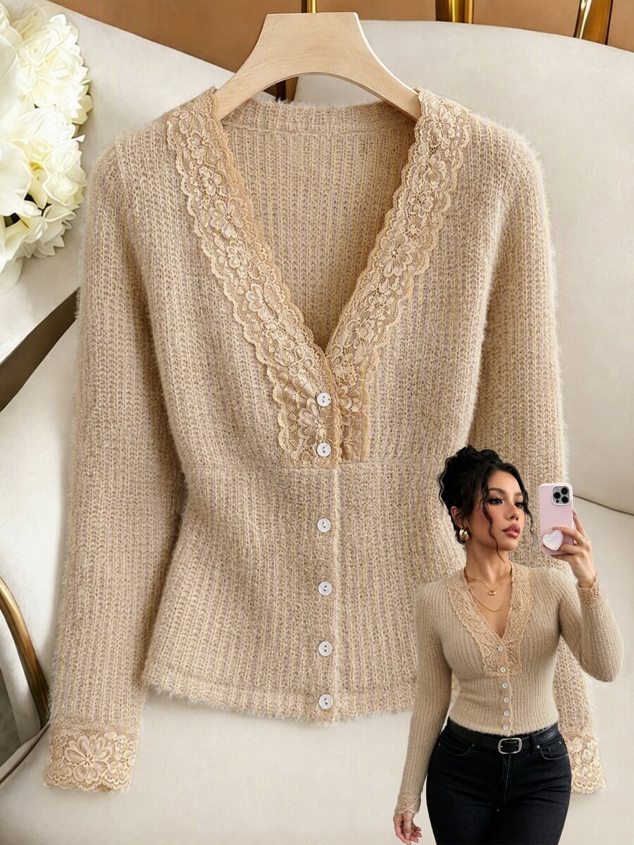 Franclia Atasan Rajut Lengan Panjang Kancing Motif Renda Prancis untuk Wanita - Coklat - View 1
