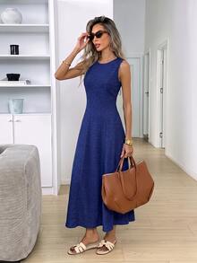 SHEIN LUNE 女款皇家藍圓領無袖中長洋裝，街頭時尚優雅休閒，真面料非印花，老錢風經典，度假夏季 - 灰藍色 - 查看 4