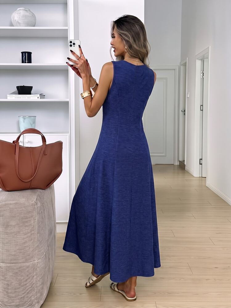 SHEIN LUNE Đầm midi nữ màu xanh hoàng gia cổ tròn sát nách, thời trang đường phố thanh lịch thường ngày, vải thật không in, phong cách Old Money cổ điển, đi du lịch mùa hè - Xám Xanh - Xem 2