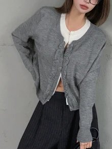 DAZY 女款寬鬆拼接色 2 合 1 長袖圓領抓皺荷葉邊休閒度假風春秋開襟衫 - 灰色 - 查看 7