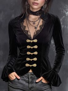 SHEIN Neo-Chinese Style Buckle Elements And Retro Court Style Fitted Short Jacket The Collar Is A Small Standing Collar Design, Paired With A Deep V-Shaped - Black - View 1