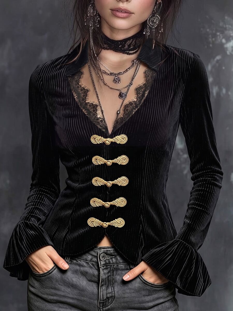 SHEIN Neo-Chinese Style Buckle Elements And Retro Court Style Fitted Short Jacket The Collar Is A Small Standing Collar Design, Paired With A Deep V-Shaped - Black - View 1