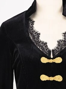 SHEIN Neo-Chinese Style Buckle Elements And Retro Court Style Fitted Short Jacket The Collar Is A Small Standing Collar Design, Paired With A Deep V-Shaped - Black - View 4