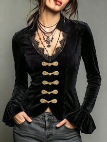 SHEIN Neo-Chinese Style Buckle Elements And Retro Court Style Fitted Short Jacket The Collar Is A Small Standing Collar Design, Paired With A Deep V-Shaped - Black - View 3