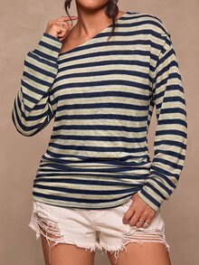 Freevana Plus Size Casual Sexy One Shoulder Knit Striped Top - Versatile Autumn/Winter Style, Suitable For Dates, Girls' Gatherings Or Vacations - Black - View 4