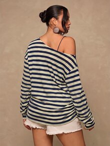 Freevana Plus Size Casual Sexy One Shoulder Knit Striped Top - Versatile Autumn/Winter Style, Suitable For Dates, Girls' Gatherings Or Vacations - Black - View 2