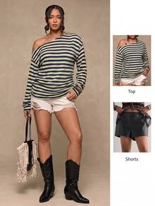 Freevana Plus Size Casual Sexy One Shoulder Knit Striped Top - Versatile Autumn/Winter Style, Suitable For Dates, Girls' Gatherings Or Vacations - Black - View 8