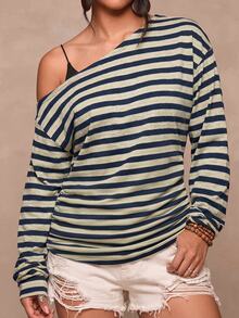 Freevana Plus Size Casual Sexy One Shoulder Knit Striped Top - Versatile Autumn/Winter Style, Suitable For Dates, Girls' Gatherings Or Vacations - Black - View 1