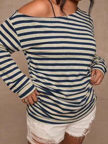 Freevana Plus Size Casual Sexy One Shoulder Knit Striped Top - Versatile Autumn/Winter Style, Suitable For Dates, Girls' Gatherings Or Vacations - Black - View 7