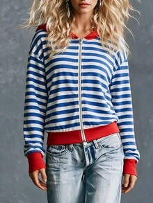 Trelyra Casual Colorblock Striped Hoodie - Blue - View 3