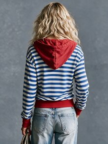 Trelyra Casual Colorblock Striped Hoodie - Blue - View 2