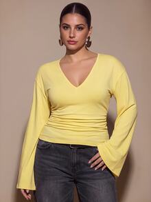 SHEIN BAE CURVE Plus Size Women Solid Color V-Neck Drop Shoulder Long Sleeve Slim Fit T-Shirt - Yellow - View 5