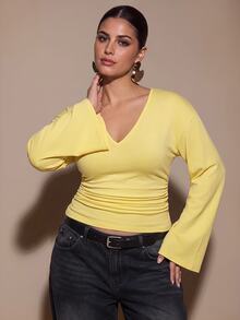 SHEIN BAE CURVE Plus Size Women Solid Color V-Neck Drop Shoulder Long Sleeve Slim Fit T-Shirt - Yellow - View 6