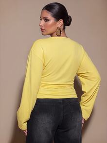 SHEIN BAE CURVE Plus Size Women Solid Color V-Neck Drop Shoulder Long Sleeve Slim Fit T-Shirt - Yellow - View 3