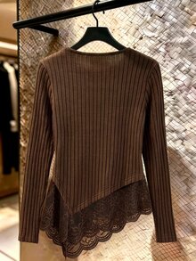 SHEIN Clasi 法式羅紋針織毛衣風復古蕾絲拼接女款內搭上衣 高端長袖T恤 - 棕色 - 查看 2