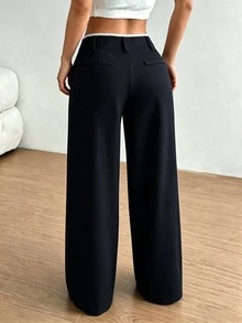 FavEase 復古休閒通勤女款直筒褲，高腰拼接設計，修身顯瘦黑色，適合上班、辦公、商務與早午餐，秋季百搭新款 - 藏蓝色 - 查看 2