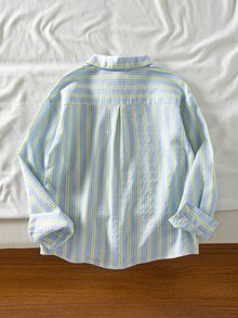 SHEIN Sparklyn 1件女童韓式休閒條紋上衣，校園購物日常穿搭，春秋清新藍黃條紋刺繡百搭寬鬆長袖襯衫 - 藍色 - 查看 2