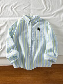 SHEIN Sparklyn 1件女童韓式休閒條紋上衣，校園購物日常穿搭，春秋清新藍黃條紋刺繡百搭寬鬆長袖襯衫 - 藍色 - 查看 5