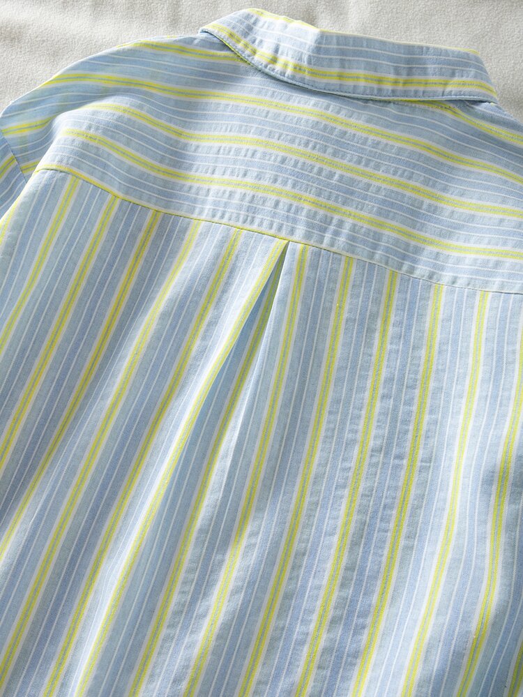 SHEIN 1pc Girls Korean Style Casual Striped Top, School Shopping Daily Outfit, Spring Autumn Fresh Blue & Yellow Striped Embroidered Versatile Loose Long Sleeve Shirt - Blue - View 4