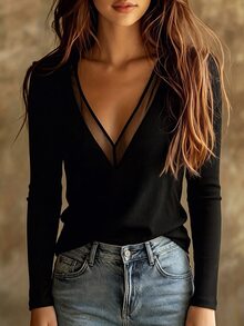 SHEIN Women's Black Contrast Mesh Long Sleeve Top - Black - View 5
