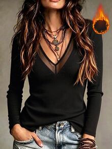 SHEIN Women's Black Contrast Mesh Long Sleeve Top - Black - View 1