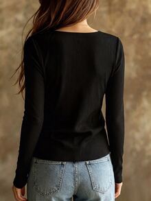 SHEIN Women's Black Contrast Mesh Long Sleeve Top - Black - View 2